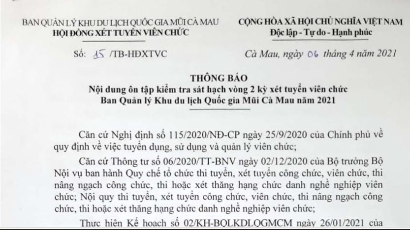 Thông báo nội dung ôn tập kiểm tra sát hạch vòng 2 kỳ xét tuyển viên chức Ban Quản lý Khu du lịch Quốc gia Mũi Cà Mau năm 2021