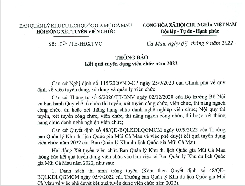Thông báo kết quả tuyển dụng viên chức năm 2022