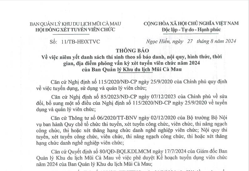 Ban Quản lý Khu du lịch Mũi Cà Mau thông báo niêm yết danh sách thí sinh theo số báo danh, nội quy, hình thức, thời gian, địa điểm phỏng vấn kỳ xét tuyển viên chức năm 2024
