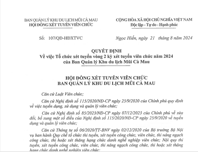 Ban Quản lý Khu du lịch Mũi Cà Mau thông báo tổ chức xét tuyển vòng 2, kỳ xét tuyển viên chức năm 2024