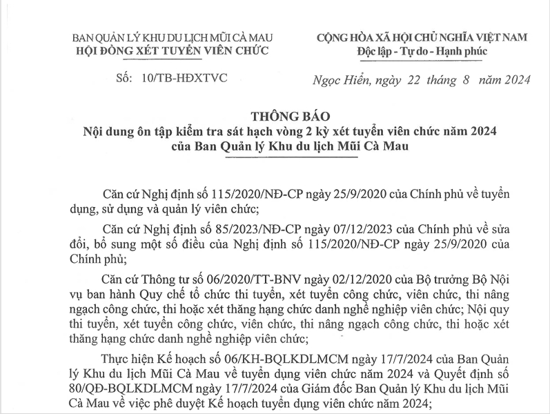 Ban Quản lý Khu du lịch Mũi Cà Mau thông báo nội dung ôn tập kiểm tra sát hạch vòng 2 kỳ xét tuyển viên chức năm 2024 của Ban Quản lý Khu du lịch Mũi Cà Mau