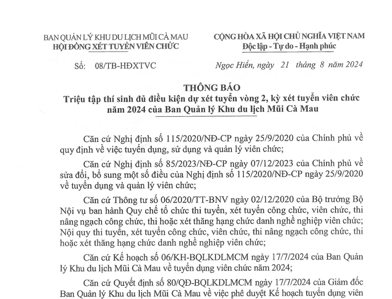 Ban Quản lý Khu du lịch Mũi Cà Mau thông báo triệu tập thí sinh đủ điều kiện dự xét tuyển vòng 2, kỳ xét tuyển viên chức năm 2024 của Ban Quản lý Khu du lịch Mũi Cà Mau