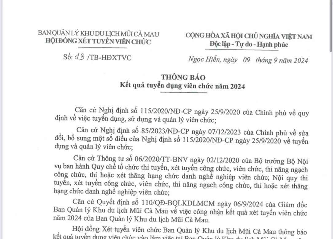 Ban Quản lý Khu du lịch Mũi Cà Mau thông báo kết quả tuyển dụng viên chức năm 2024