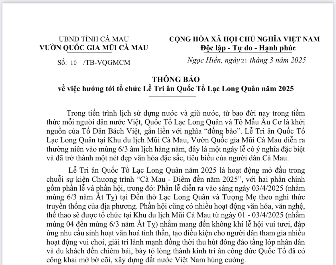 Lễ Tri ân Đức Quốc Tổ Lạc Long Quân sẽ diễn ra vào ngày 01-03/4/2025(nhằm mùng 4-6/3/2025 âm lịch)