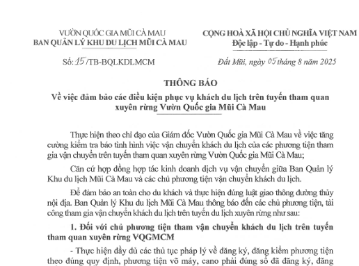 Thông báo về việc đảm bảo các điều kiện phục vụ khách du lịch trên tuyến tham quan xuyên rừng Vườn Quốc gia Mũi Cà Mau