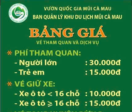BẢNG GIÁ VÉ CÁC DỊCH VỤ TẠI KHU DU LỊCH MŨI CÀ MAU