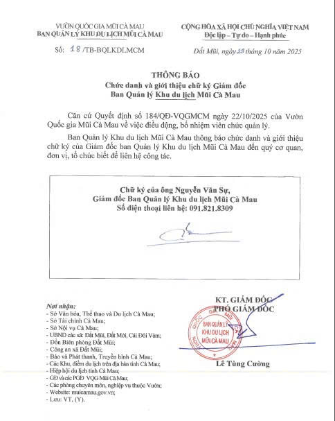 Thông báo chức danh và giới thiệu chữ ký Giám Ban Quản lý Khu du lịch Mũi Cà Mau