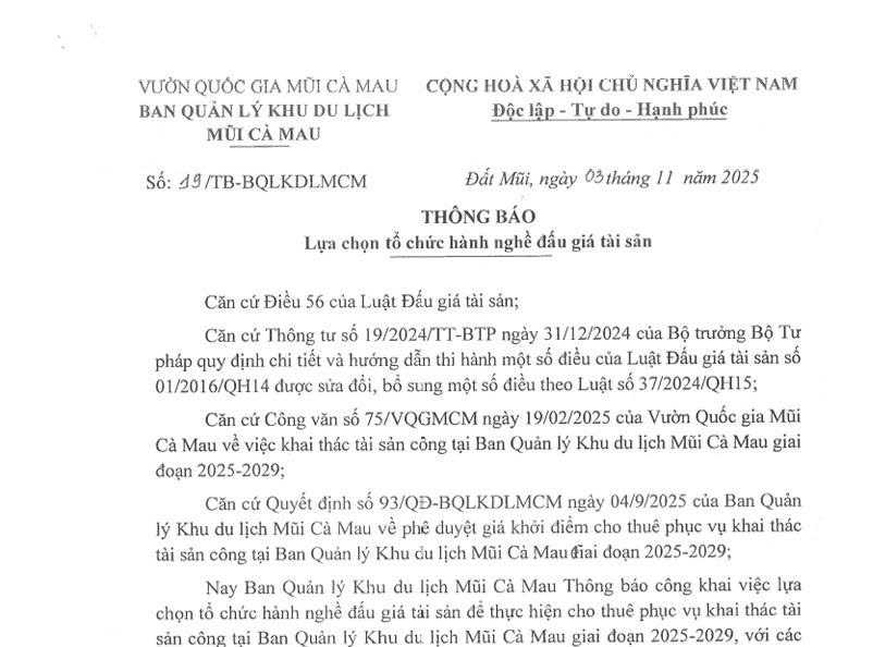 Thông báo lựa tổ chức hành nghề đấu giá tài sản