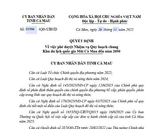 Thông báo: Về việc phê duyệt Nhiệm vụ Quy hoạch chung Khu du lịch Mũi Cà Mau đến năm 2030