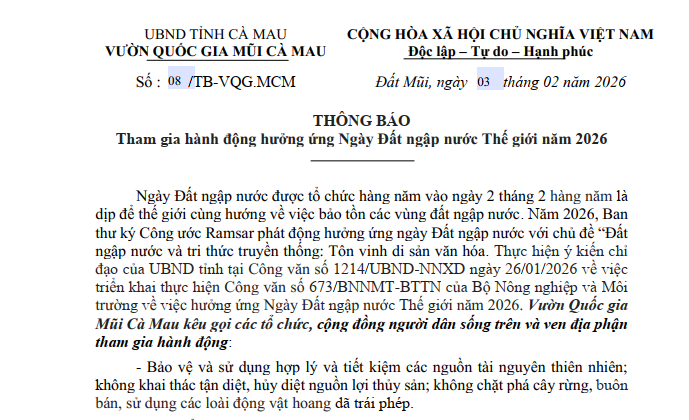 Thông báo: Tham gia hành động ngày hưởng ứng Ngày Đất ngập nước Thế giới năm 2026